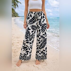 Nicole Miller pull on linen wide leg high waist pants beachy coastal resort 2x